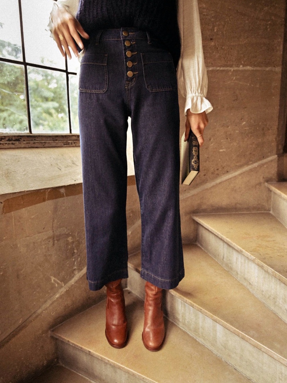 High-Waist Button-Front Wide Leg Jeans - Dark Blue